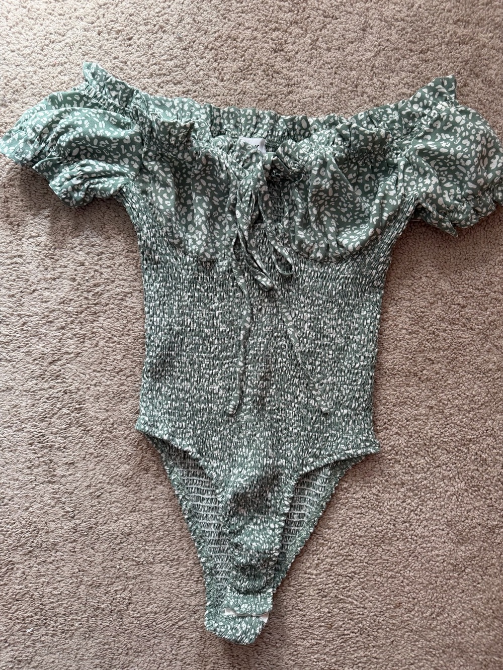 Princess Polly Sage Green Smocked Off-Shoulder Bodysuit